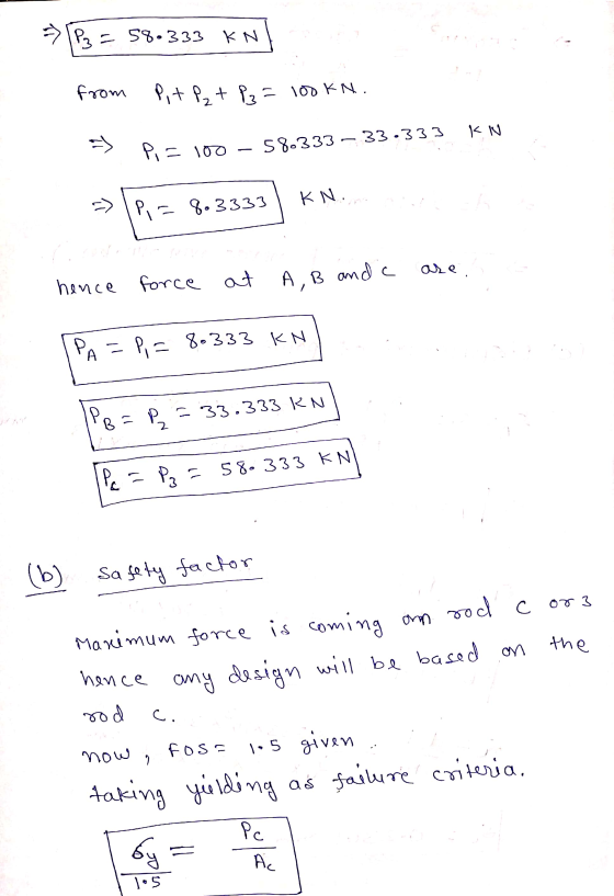 P₂ = 58.333 KN from Pit P₂ + P₂ = 100kn. KN a) Pi = 100 – 580333 – 33.333 KN. P,= 8.3333 hence force at A, B and c are. PA=P,