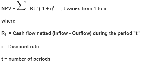 NPV = L Rt/(1 + i) ,t varies from 1 ton where Rt = Cash flow netted (Inflow - Outflow) during the period t i = Discount rat