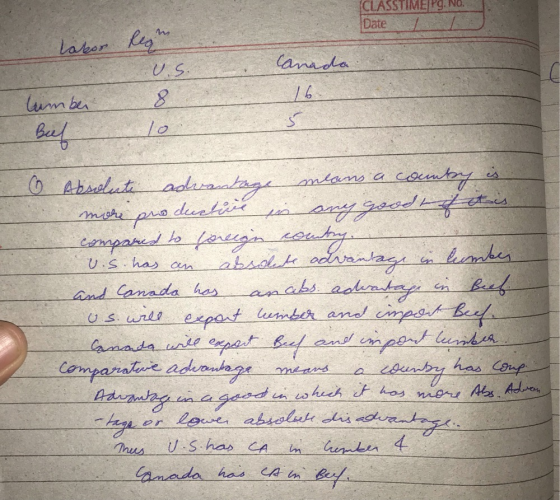 CLASSTIME Pg. No. Date labor Res Canada U.S. 8 lumber 5 Bef more pro v.s. has an Absolute advantage means a country is ducti