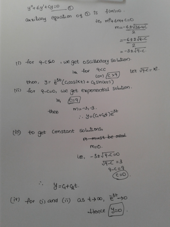 y+6yt cy=0 of is flm)=o. auxiliary equation ie, m²6m+c=0 m=-6+√3640 =-6+2 Ja-c 2 in Coro (c39 let Jqc=ki. =- £59-c. for a-C