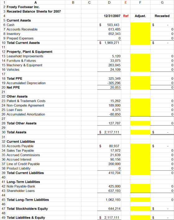 DE G 2 Frosty Footwear Inc. 3 Recasted Balance Sheets for 2007 12/31/2007 Ref Adjust. Recasted $ 5 Current Assets 6 Cash 7 Ac