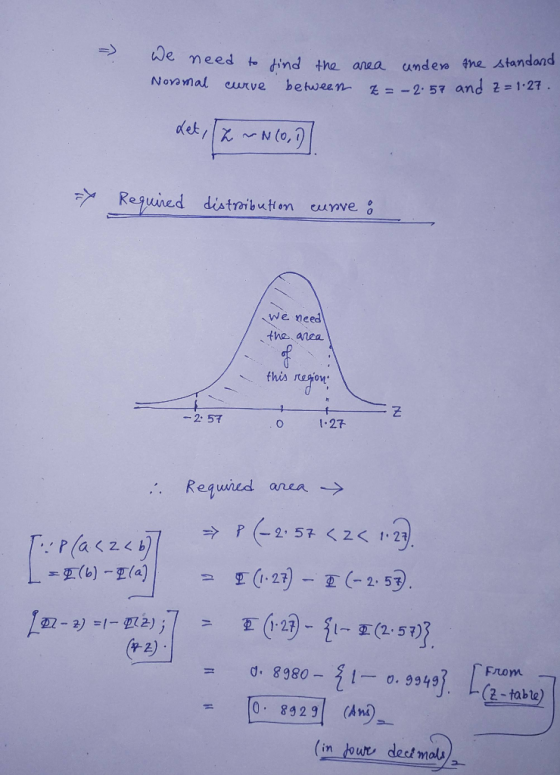 We need to find ed to find the curve between the Noromal area under the standard t = -2.57 and Z=1.27. Let hwn distribution c