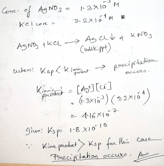 Conc. of AgNO3 = 1.3x10M Kel core = 312x104m Agad at kno, AgNo, tka Culike ppt) ، لب ےہ 290 luhen: Ksp <kionieruch → precipit
