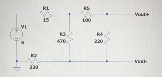 R1 R5 M 100 Vout+ 15 V1 + R3 470 R4 220 5 R2 M Vout- 220