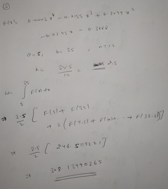 EXE 0.0003 -0.0155 x3 +0-2099 x? 0.3688 -0.02451 - , n=12 ars, b= 35 no 35-5 - 25 Fx dx (sht F(35) + 2(F(1,51 + f(polt af f(3