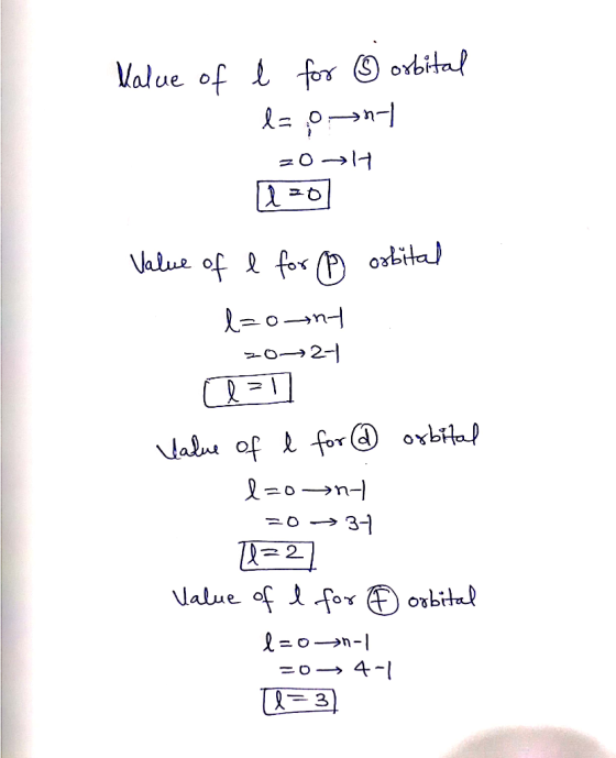 Kalue of l for ③ orbital l= ,ent - 20H [1=0 Value of l for p orbital lzont - 2021 value of l for @ orbital lzont =0 →37 [1=2