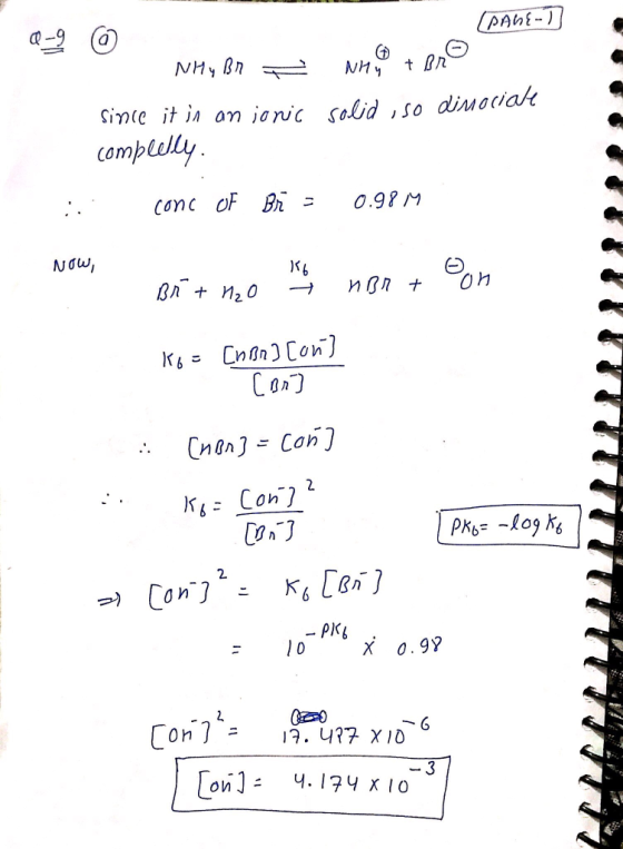 PAGE-) Nhº t Ạsolid , so dimoriale NH, Ân - since it in an ionic completly. conc of Br = : 0.98M NOW, 1.16 norton Br + H₂O