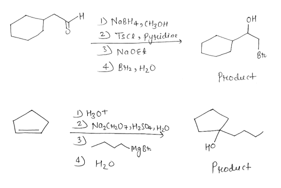 Organo D NaBH4, CH₃OH 2) TSCl, Pyridine 3) Naoɛt 4) Brza H₂O - Br Product D H₂OT 2) Na₂Cr2O7; H₂SO4, H₂O 3 n mg Br HO 4) H,0