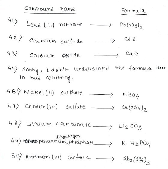 Compound ame Forn mula 4 Lead () nitnatePb(NO 3) 2. 42 Cadmium Sul Ca to bad cooii 46) Nİ CK e l III) Sulphate- 47〉 ce num (w