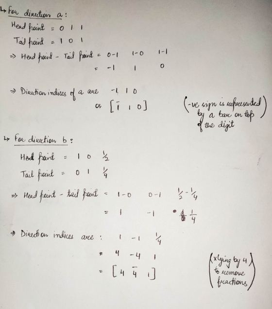 t for direction a Head point = oll Tail point = 101 - Head hoint - Tail froint - 0-1 = -1 1-0 1 in 0 & Direction indices of a