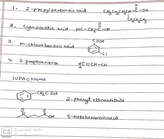 2-propyl pentanoic asid मO-- म० म वग्धग yanoaretic acid NC-CH -oH Coon 3. m-chloro ben zoic acid 2 prepenenitrile 4. HC CH-C