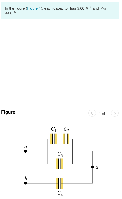 In the figure (Figure 1), each capacitor has 5.00 uF and Vab = 33.0 V. Figure < 1 of 1 >