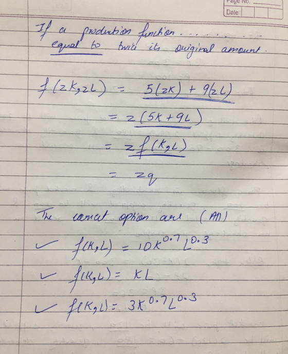 Faye No. Date If a equal prodution function ..... to twice its duiginal amount. ( 9 + (عك - (احول2 = 2( 5+1) - راو - وت The c