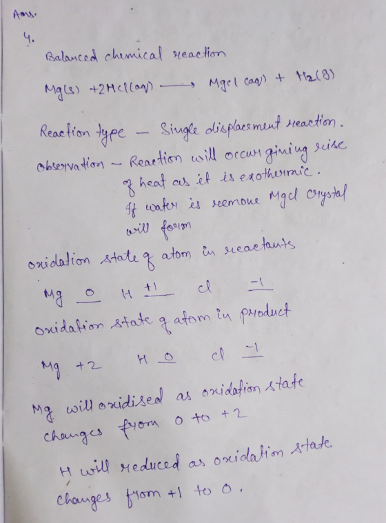 Balanced chemical reaction Mg(s) +2 Hellog) - Mgel caq) + H2 (8) Reaction type - Single displacement reaction. observation a