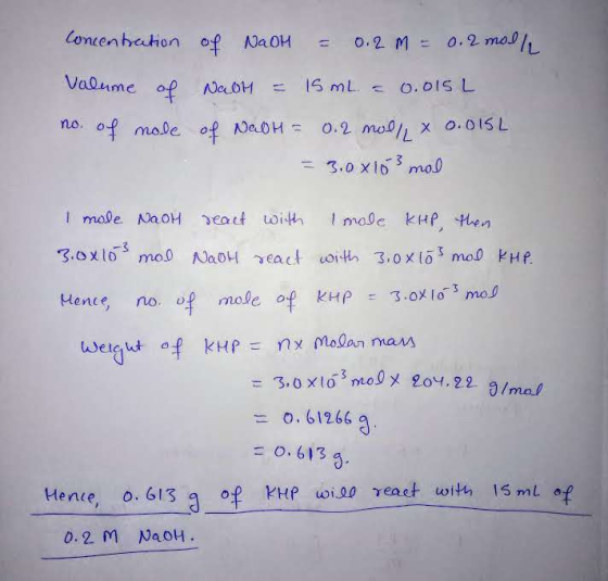 concentration of NaOH = 0.2m = 0.2 mol/ Volume of NaoH = 15 ml. = 0.015L no. of mole of NadH = 0.2 mol/Lx 0.015L = 3.0x103 ma