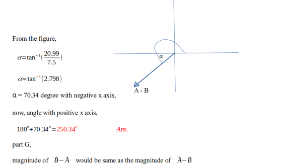 From the figure, a=tan 20:59 a=tan-(2.798) A-B a = 70.34 degree with negative x axis, now, angle with positive x axis, 180°