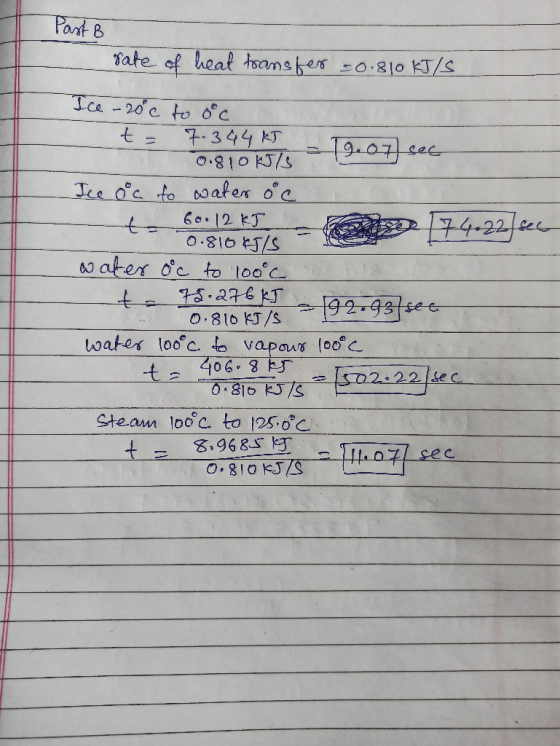 Past B rate of heat transfer =0.810 kJ/S Ice -20°c to oc t 7.344 kJ 0.810 kJ/S 19.07 set Ice ooc to water oc t- 60.12 kJ 174.