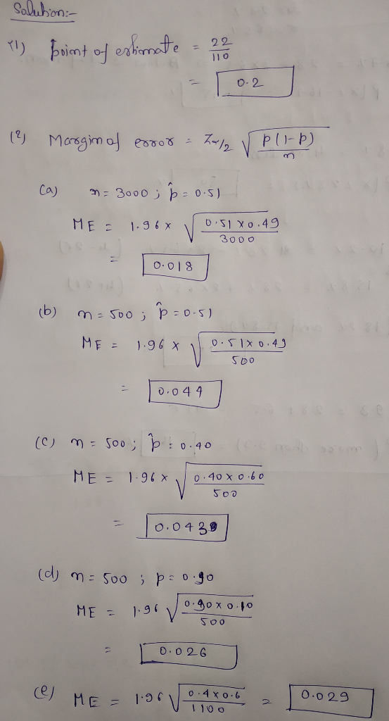 solution: - Il point of estimate = 2200 - 0. 27 0.2 12 Margin of error = hala VPLIP) on ca) n= 3000; p = 0.5) ME : 1.9 0.51 0