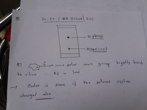 56:50 (EA Hexanel Eo) - Biphenyl - Benzoicaud cool group tightly binds o okon polar to silica . Rf is low if same the system