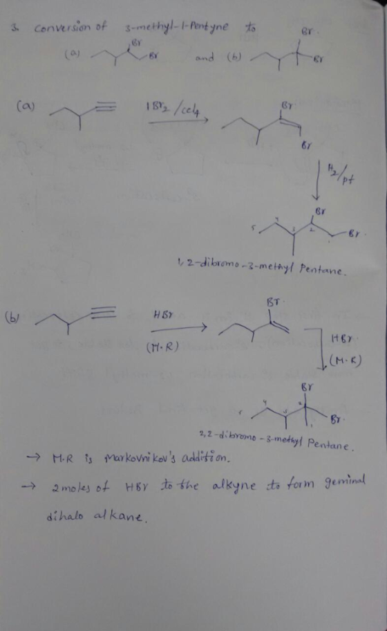 3. Conversion of s.mtthgl-1-Fentyne 右 gr Gy 8y 18도 /a 67 Gr ,2-dibiomo -2-metayl Pentane ST H Sr (t1-R) M.K BY 2,2-dibomo-3-m