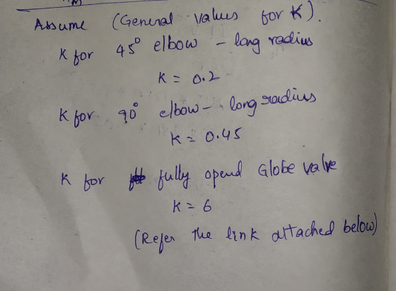 Assume (General values for K) 45° elbow long radius K for K: 0.2 k for 90 elbow long radius Ka 0.45 k for fete fully opend Gl
