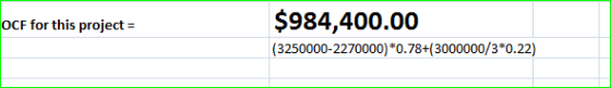 $984,400.00 |(3250000-2270000) *0.78+(3000000/3*0.22) OCF for this project =