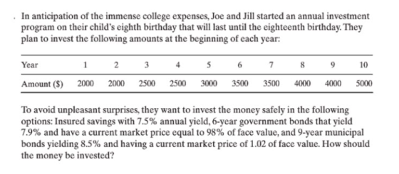 In anticipation of the immense college expenses, Joe and Jill started an annual investment program on their childs eighth bi