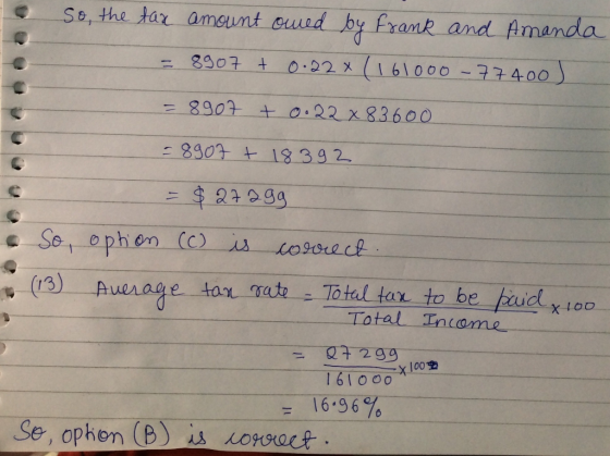 • So, the tax amount owed by Frank and Amanda = 8907 + 0.22x (161000-77400) - 8907 + 0.22 x 83600 - 8907 + 18392 = 272gg So,