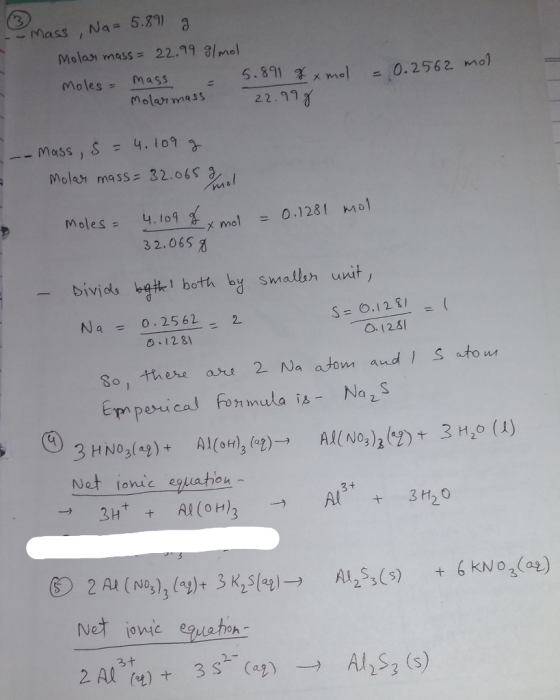mass Na= 5.891 g Molar mass = 22.99 g/mol moles mass = 5.891 fxmol Molar mass = 0.2562 mol 22.998 -- mass, s = 4.109 g Molar