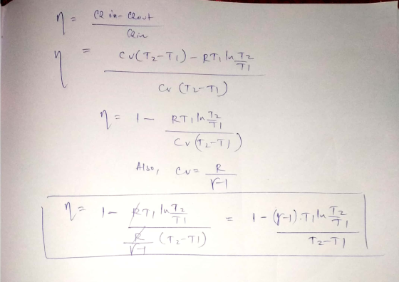 CQ in Chout Rin CV (T2-TI) - RT, In I2 Сх (1-1) n = - RTI IM IZ Cv (T2-T1) Also, cu- & = 1- (-1) Tilm Iz n = 1- kr1 lu7 2 k
