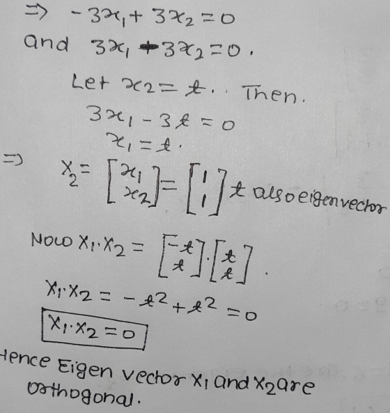 Hence Eigen vector Xi and X2are -> -32,+ 322 30 and 3*, *3*2=0. Let 22= t.. Then. 32,-3tro 32,=t -) 게 Hz) taso eigen vector N