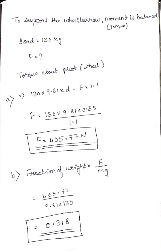 To support the wheelbarrow, moment is balanced (Torque) load = 130kg F=? prvot (wheel) Torque about a> -> 130x9.81* d = Fxlo1