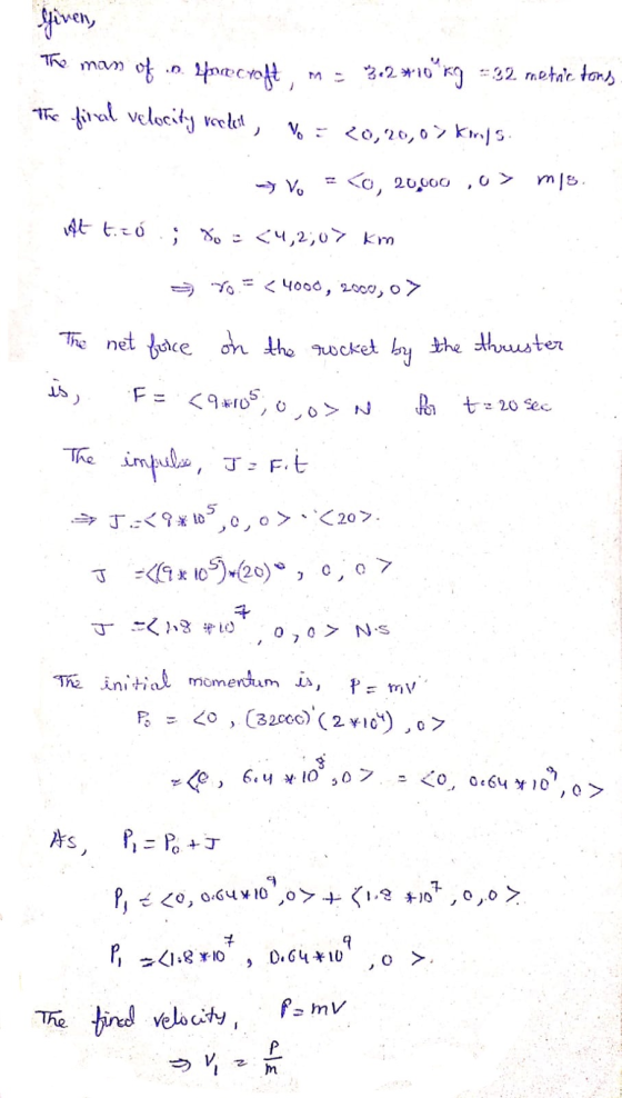 aveny The mam o 2.210 K32 metac tons e ial velocity veelet, v <,20,0 km5. o, 20000 o Vo The net ce on the ocket by the thuste