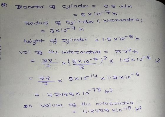 10 Diameter of cylinder = 0.5 um = 6x 10-7m Radius of Cylinder (mitocondria) = 3x10-7m height of cylinder = 1.5x 10-om! vol t