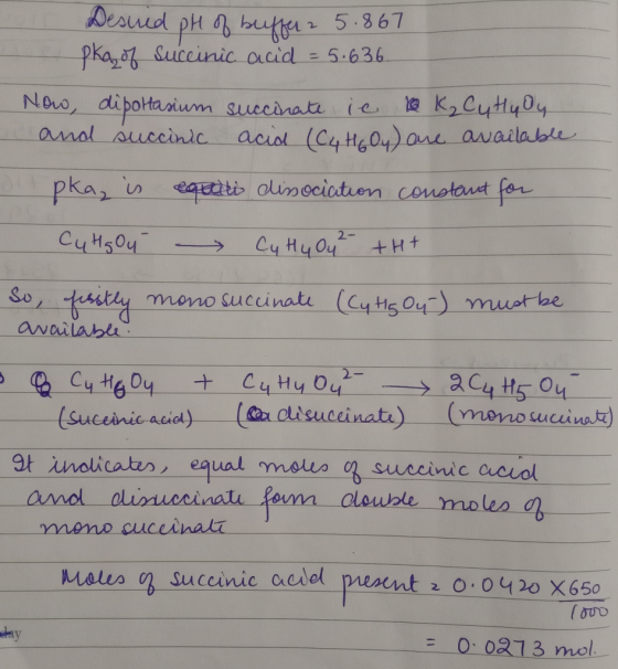 Desved pH of buffer 2 5.867 pkg of succinic acid = 5.636 Now, dipottasium succinate ic K₂ Cu Hu Oy and succinic acid (C ₂ H 6