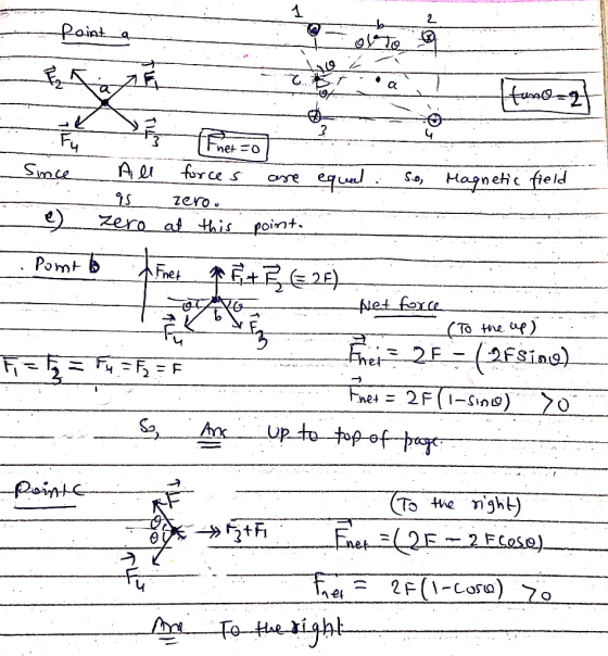 2 point a ol to Huno-zt 3 ffnet to Fi Since are All forces 95 zero zero at this point. equal. So, Magnetic field Pomtb Fnet P