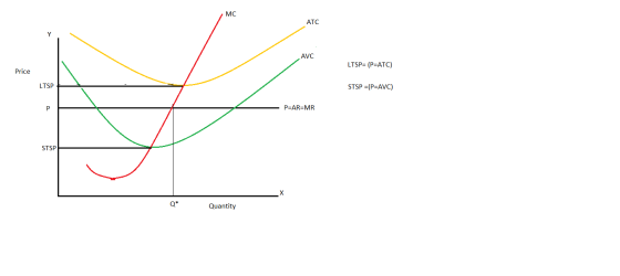 MC ATC AVC LTSP= (P=ATC) Price LTSP STSP =(P=AVC) P P=AR=MR STSP X Q* Quantity