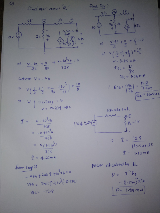 find Isc 2 k 3k 10 lovC Tok 3 K 1나-712) -5 V339 volts. 73k 73k T1.8 7.3k 1 4.66mA T113m oomt orn loop。 Power absorbed by RL