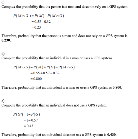 c) Compute the probability that the person is a man and does not rely on a GPS system. 0.55-0.32 -0.23 Therefore, probability