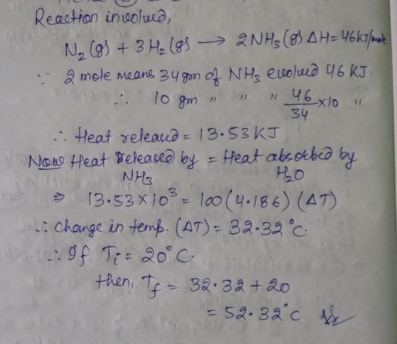 Reaction inuoluo, 34 . Heat veleau 13.53 KJ H20 NHe 13.53 x16) (AT) :change in femb. (AT)-32.32 c