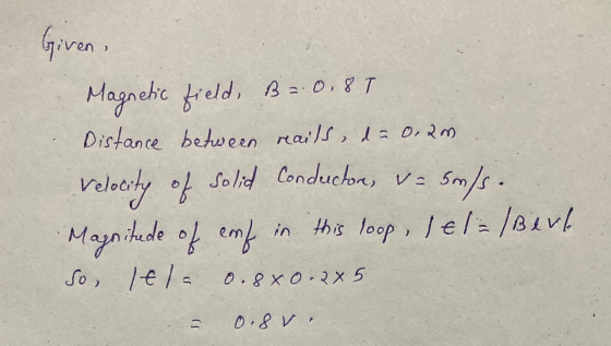 Given, Magnetic field, B=0.8T Distance between reails, de 0.2m velocity of solid Magnitude of conf in this loop, lel=/Beul So