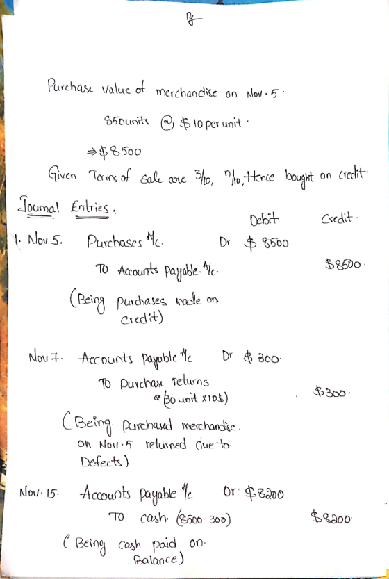 Purchase value of merchandise on Now. 5 850units @ $10 per unit: $8500 Given Terms of sale core 3ho, ho, tence bought on cred