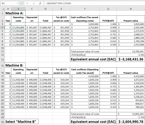 x fix r C =8820000*39%+125000 D E on B4 : A B 1 Machine A: Operating 2 Year costs 3 0 4 11 $3,564,800 5 2 $3,564,800 6 3 $3,5