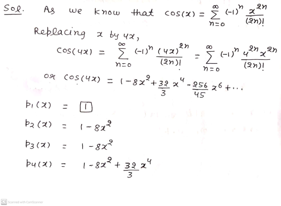 sol. 2M AS we know that cos(x) = (-1)” (en) x -0 Replacing a by 42, Cos(4) - (-107 (42) Σ (2) 2n %D 21.25 4 X (21) n-o n=0 on