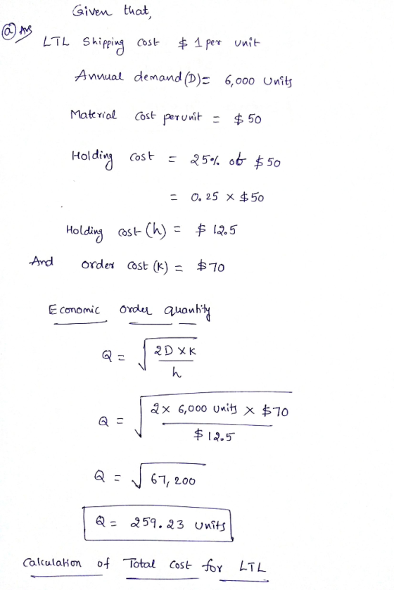 9 LTL Given that, Shipping cost $1 per unit Annual demand (D)= 6,000 units Material cost per unit = $50 Holding cost = 25% of