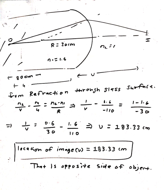 R 30im m Refraction thronsh S1TSS Surface ni-ni - 3 o R D 6 /. 6 183.33 cm 3 o locaion of image cv) = 183.33 Cm Theis opposte