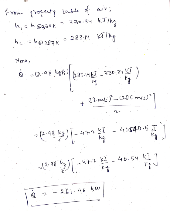 330.34 kJ 코 kJ /kg from property table of air, hich @330 K - 283.14 kJ / kg hr =h@288k Now, å. =(2,98 kg is) (283.14%) •14 KJ