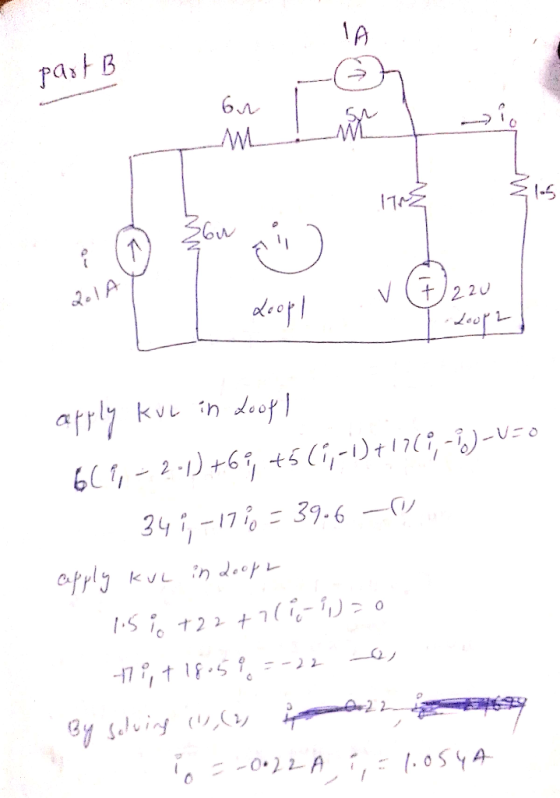 part B on I MIM 15 21A de ope! VE22u I doop? apply kul in doof! 6(1, - 2-1) +61 +5 (1,-1)+1?(1,-1)-V=0 - 349, -17% = 39.6 - 1