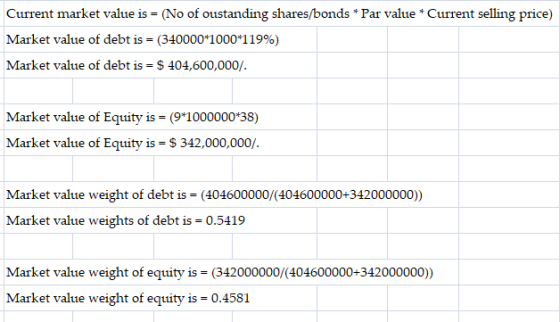 Current market value is (No of oustanding shares/bonds * Par value*Current selling price) Market value of debt is = (340000*1