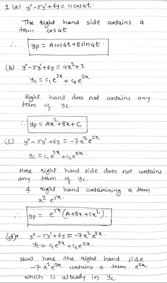 1 (a) y-sy+6y = 11 cos4t. a The right hand side contains term cosat ypa - Acos 4t+B sin 4t (6) y-sytoy = 4x²+3 32 zn Ye=c
